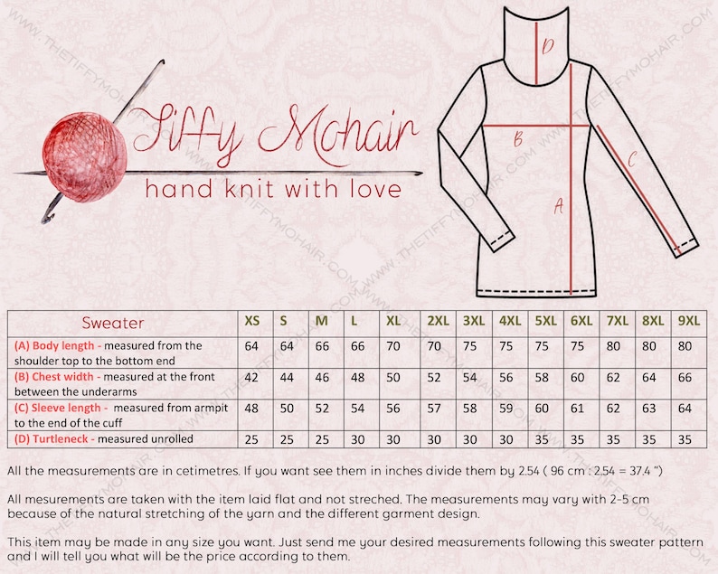 May include: Diagram of a hand-knitted sweater with measurements in centimeters. The image includes a schematic of the sweater, a ball of yarn, and the text "Siffy Mohair, hand knit with love."