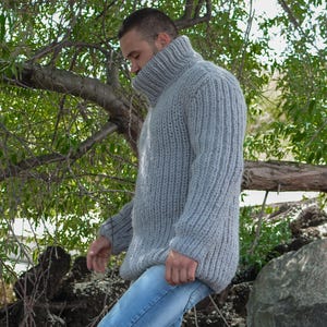 Gray Wool Sweater – Hand-Knitted Ribbed Fisherman Style Warm Jumper T782M image 6