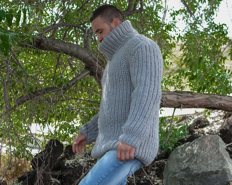 Gray Wool Sweater – Hand-Knitted Ribbed Fisherman Style Warm Jumper T782M image 6