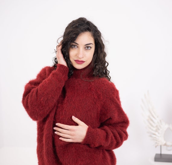 Bordeaux Alpaca Sweater, Hand Knitted Fluffy Fuzzy Pullover, Soft