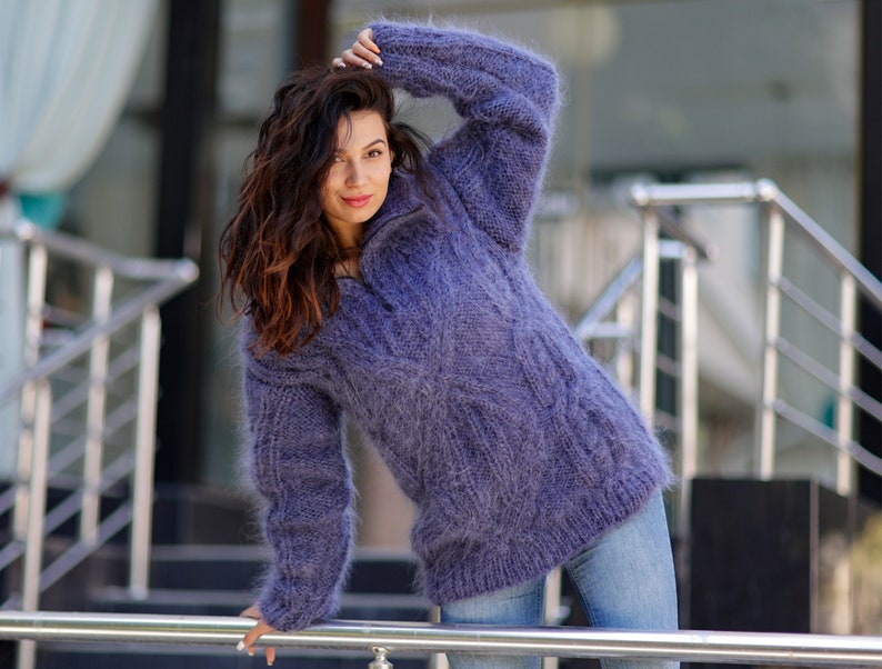 Fluffy Blue Mohair Sweater, Chunky Mock neck sweater with a zipper , Cable Knit Pullover, Hand Knit men sweater, knit women sweater T1060 image 1