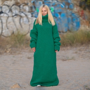 Green wool Dress, Knit Sweater Dress, Turtleneck Maxi Dress T1237