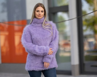Hand Knitted Italian Kid Mohair Sweater in Purple, 4 Strand Fluffy