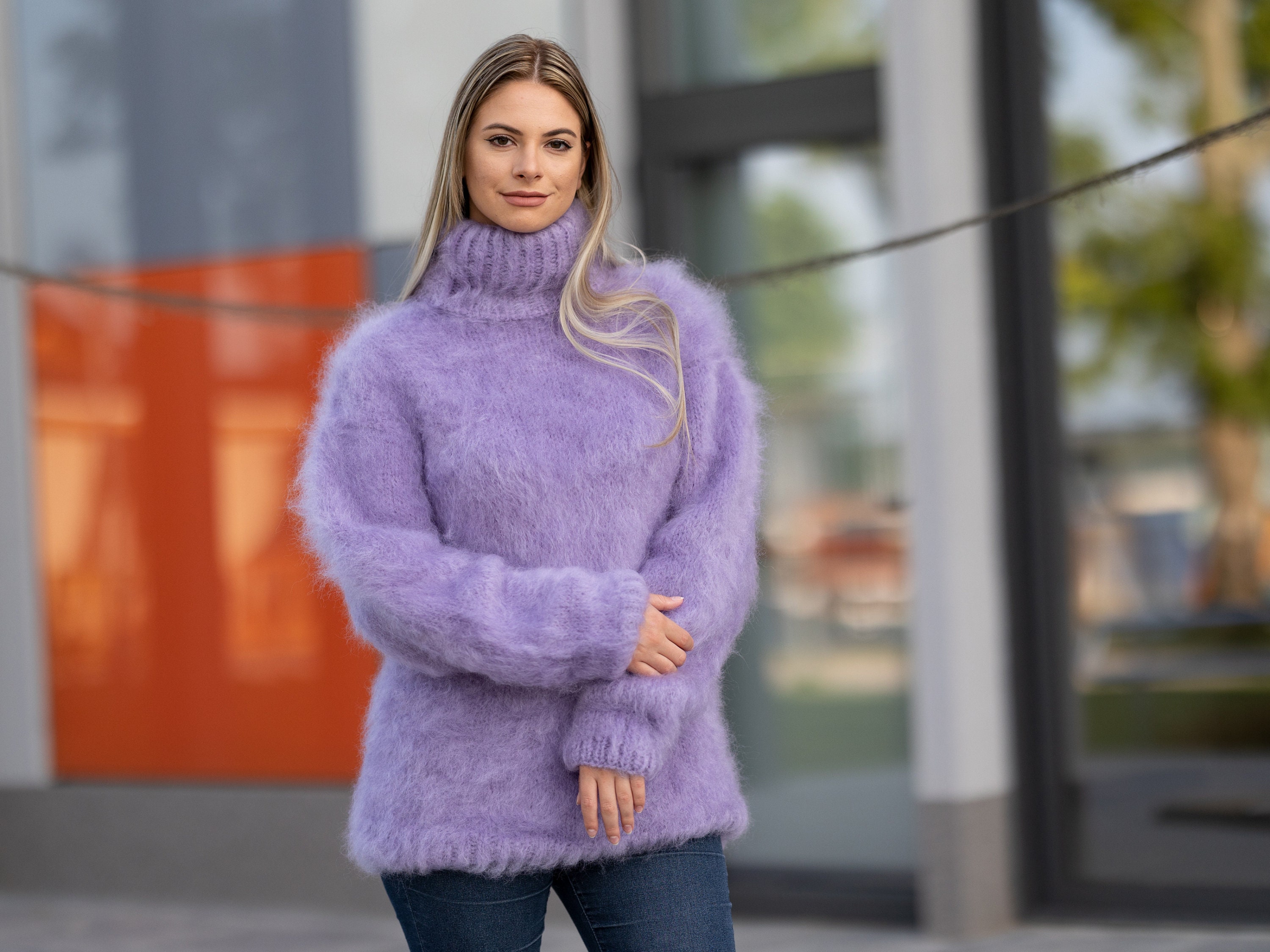 Hand Knitted Italian Kid Mohair Sweater in Purple, 4 Strand Fluffy