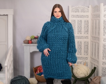 Pull épais en mohair en 25 brins, pull oversize pour femme, pull bleu en mohair à poil long, énorme pull T699AW