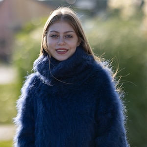 Turtleneck  Mohair sweater with extra long T neck of 55 cm , Fluffy and fuzzy jumper in navy Blue T1253