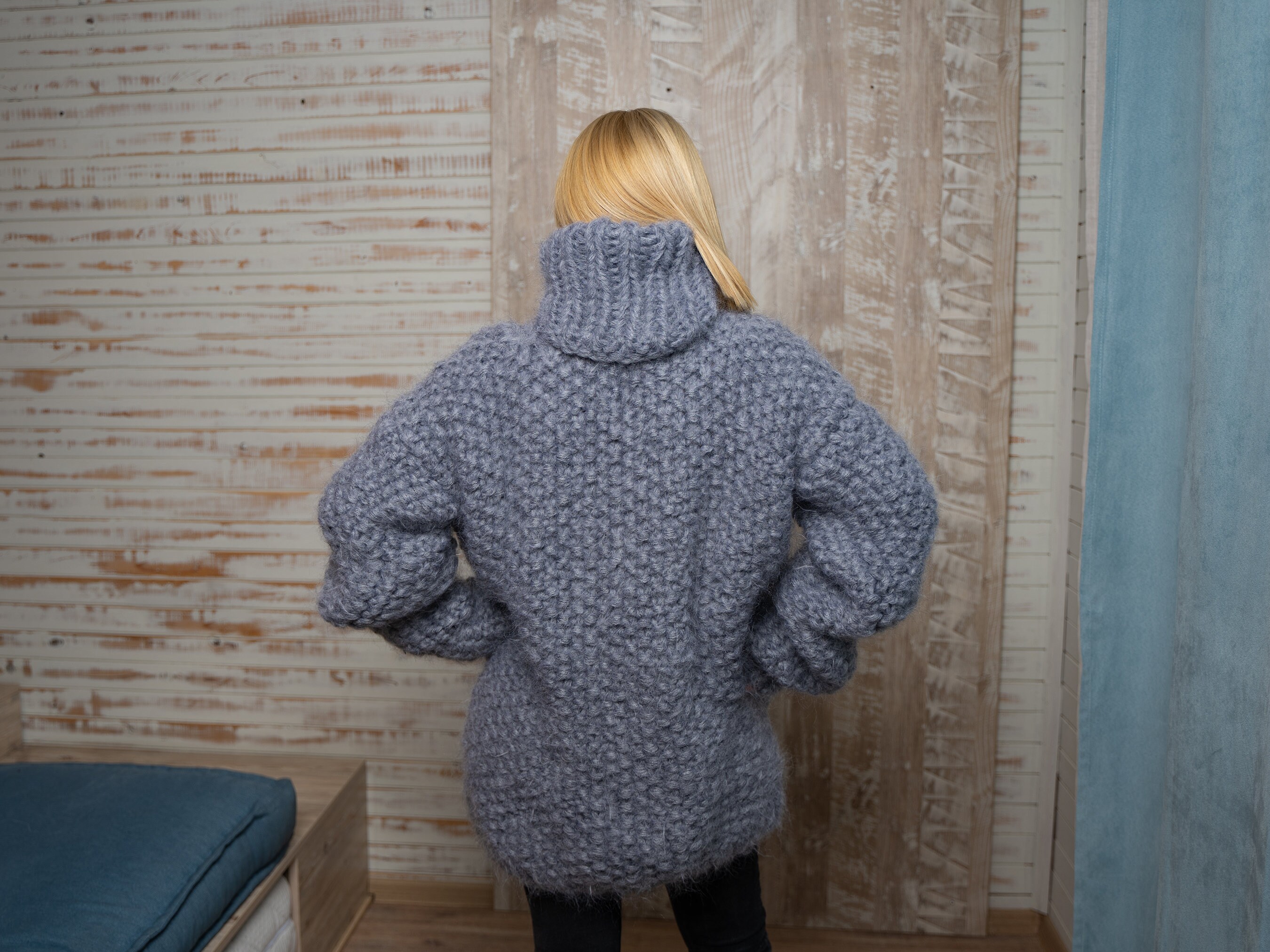 【IONSEOUL】Trimming Mohair Hood Layer Knit 5JH030 Fluffy Short Mohair Sweater With Cables/fashion Shoulder