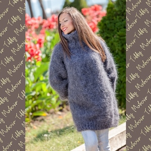 Thick Mohair Sweater, Turtleneck Sweater, Hand Knitted Sweater, Fluffy Sweater, Huge Oversized Sweater, Mohair Fetish, Chunky Sweater T362