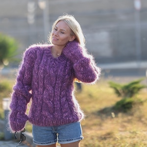 16 strands Cables Mohair and Alpaca mix yarn Sweater, Chunky knit Fuzzy jumper, Tiffy Mohair Sweater  T1478