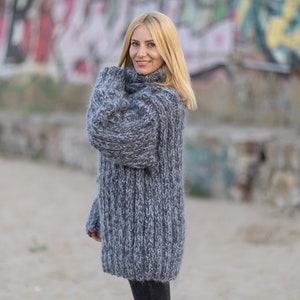 Mohair and wool mix ribbed sweater, Oversized Wool Sweater, Thick Hand Knitted Jumper, Gray rib Sweater T1081