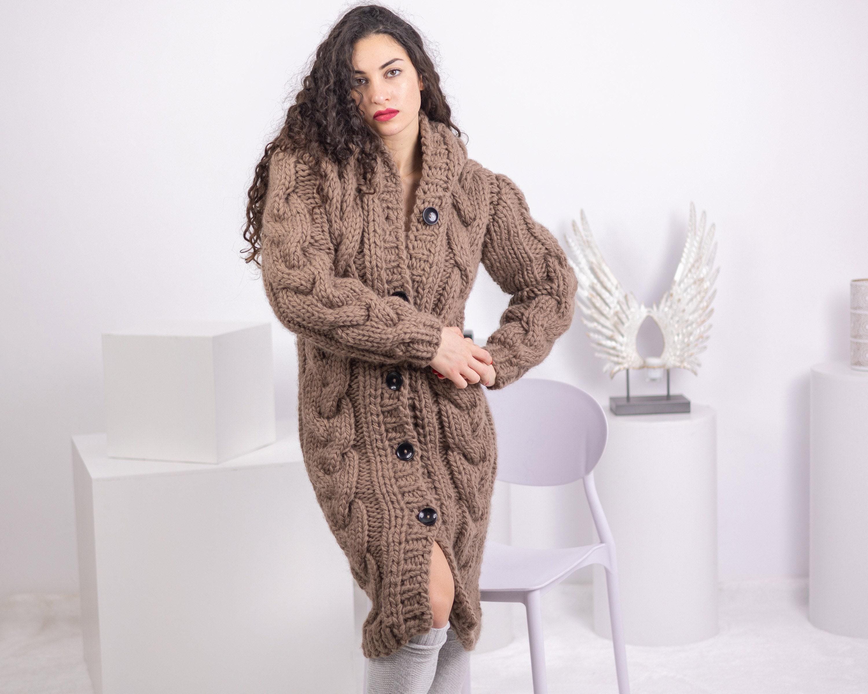 Brown Wool Cardigan – Hand Knitted Cable Knit Sweater T1543 - Etsy