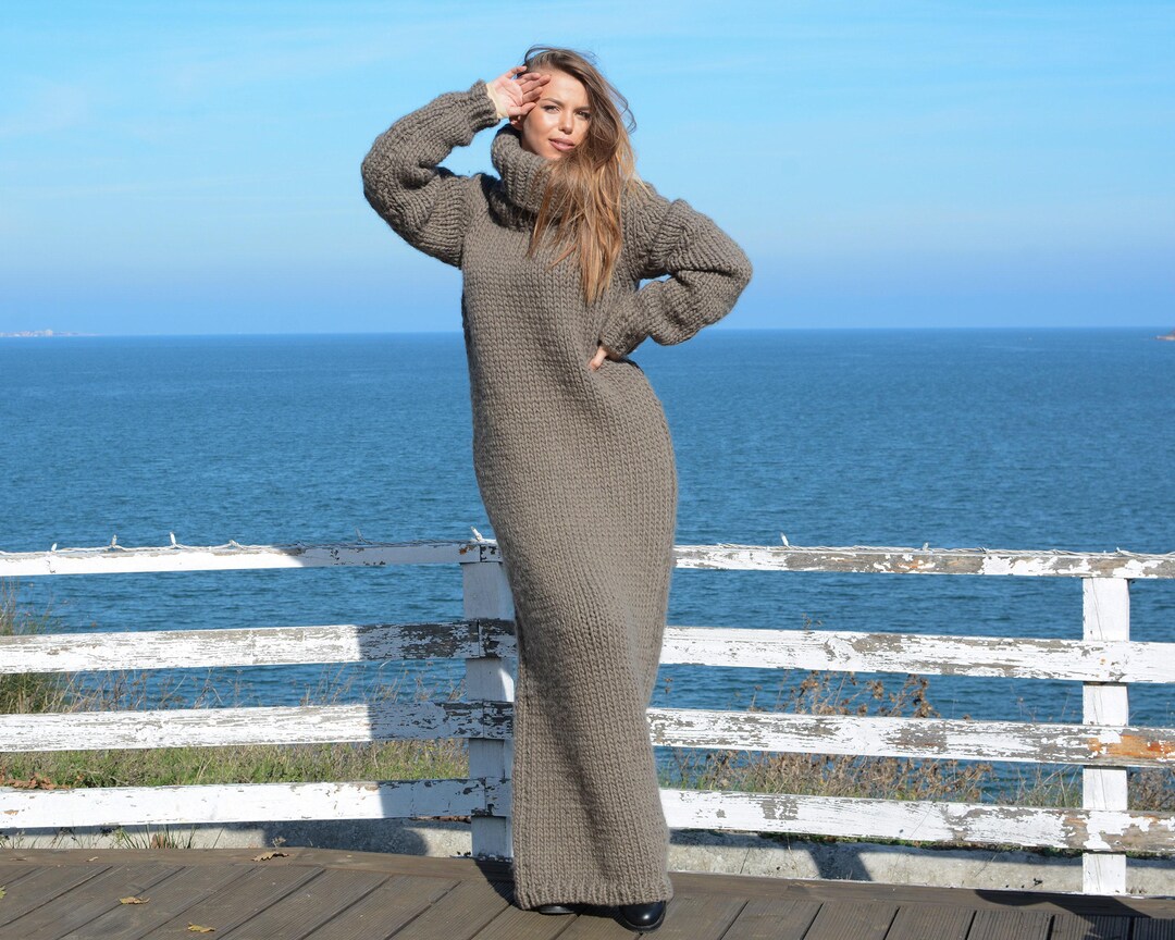 Beige Wool Sweater Dress, Hand Knitted Chunky Turtleneck Maxi