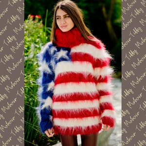 American Flag Sweater, Blue Mohair Sweater, Mohair Pullover, Hand Knit Sweater, T neck Sweater, Turtleneck Sweater, Soft WInter Sweater T111