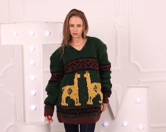 Disponibile nella taglia 7XL, maglione in lana di alpaca con motivo alpaca, maglione vintage T2022