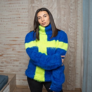 Swedish Flag sweater, Hand Knitted  Mohair sweater T1115
