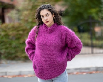 Pull en mohair rose tricoté à la main – Pull duveteux transparent à grosses aiguilles T1504