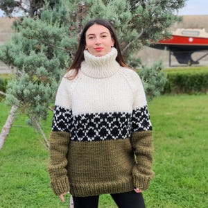 Suéter grueso de lana nórdica, tejido a mano, estilo islandés grueso de 5 hilos T919