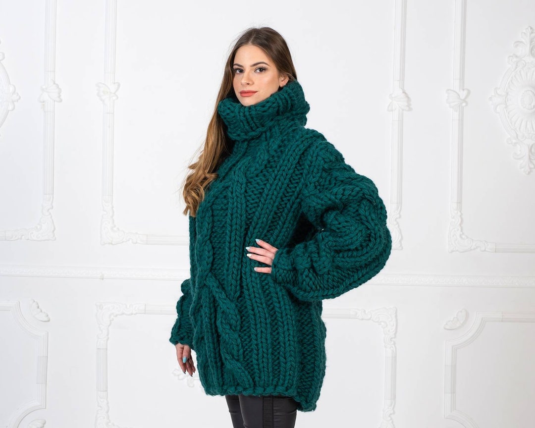 Mega Thick Hand Knitted Pure Wool Sweater Green Soft - Etsy