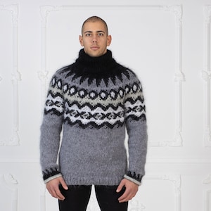 Grey Icelandic mohair sweater Lopapeysa sweater Icelandic sweater pullover Hand knit wool women sweater T982M
