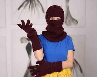Burgundy Wool Mittens, Hand Knitted 100 Percent Wool Winter Gloves T2052