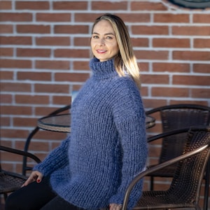 Denim Mohair Sweater – Hand-Knitted Women’s Pullover T1297 image 6