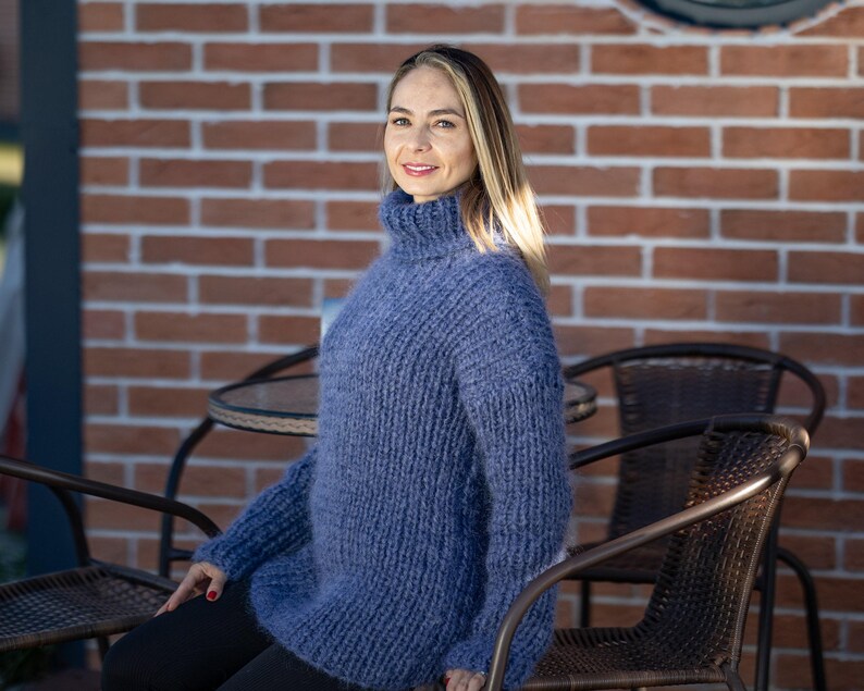 Denim Mohair Sweater – Hand-Knitted Women’s Pullover T1297 image 6