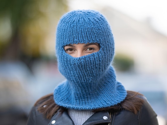 Blue Wool Balaclava – Hand Knitted Slouchy Beanie Ski Mask T1169