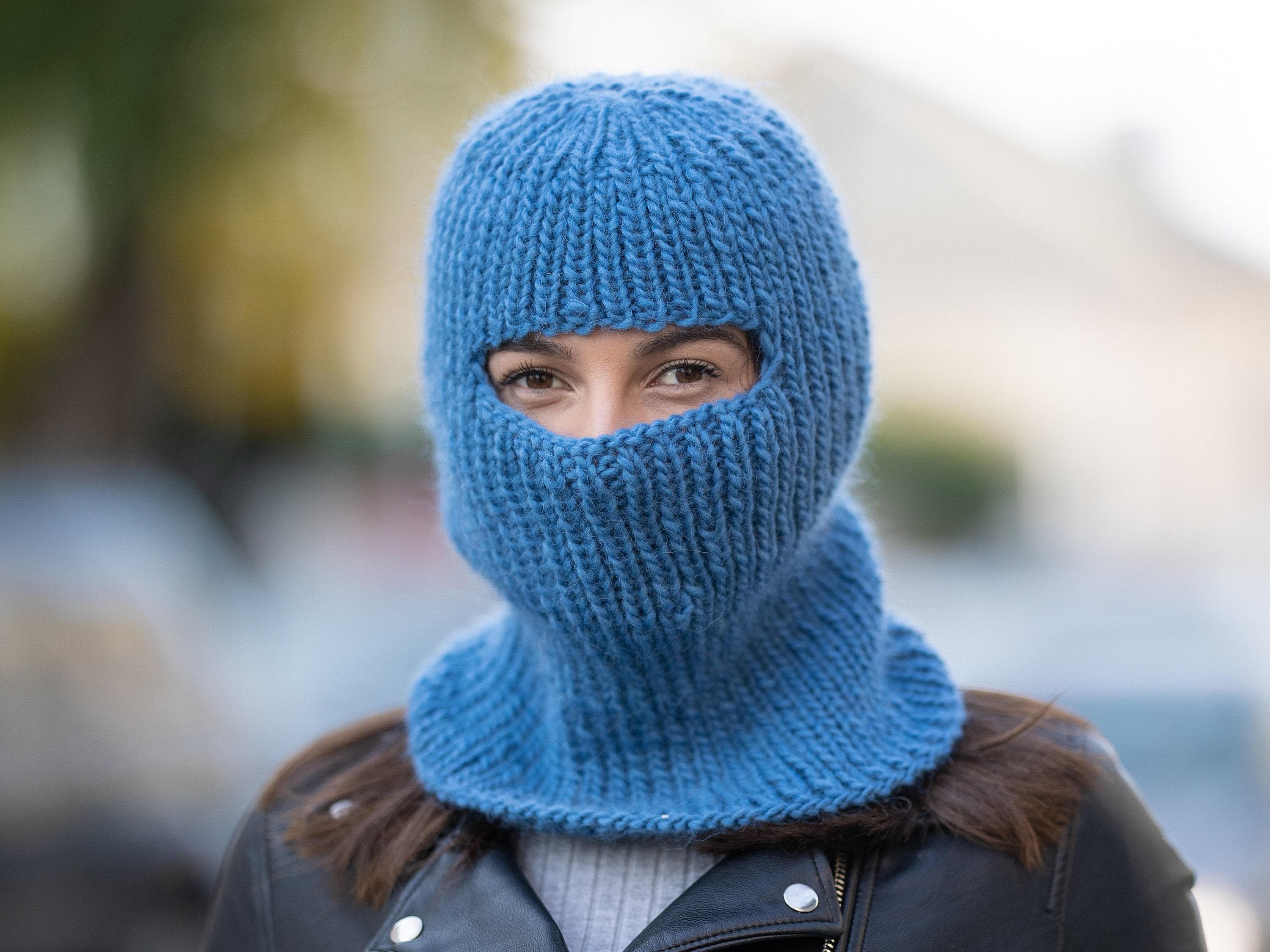 Blue Wool Balaclava – Hand Knitted Slouchy Beanie Ski Mask T1169