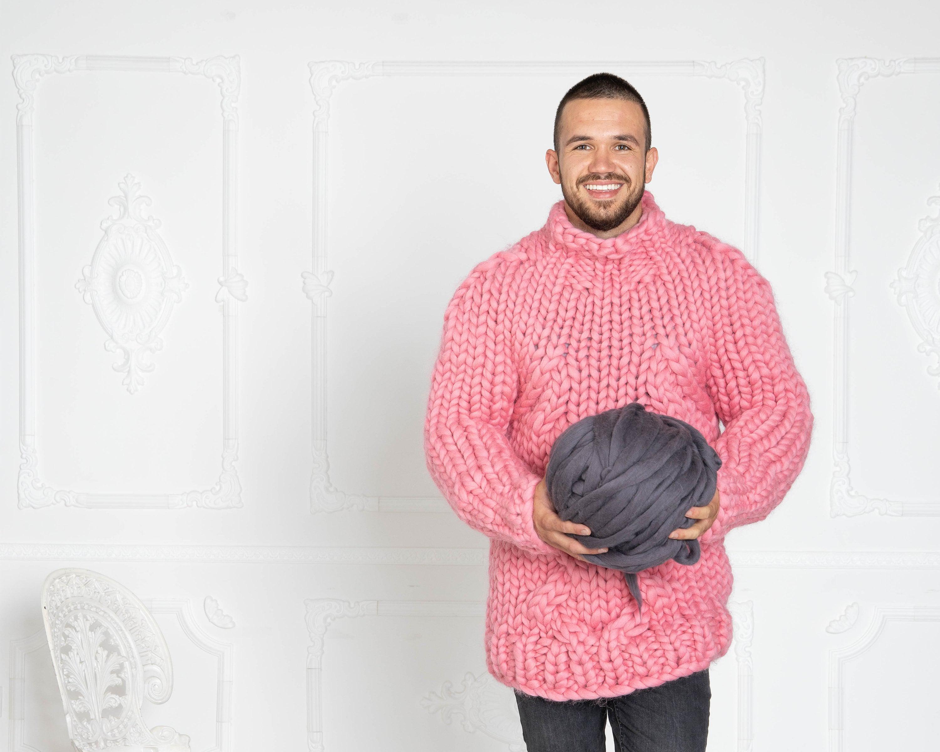 Chunky Pink Wool Sweater – Hand-knitted Thick Cable Knit Merino