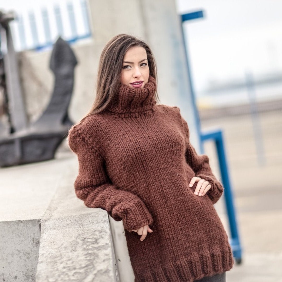 Wool Sweater, Hand Knit Pullover, Chunky Sweater, Turtleneck Sweater ...