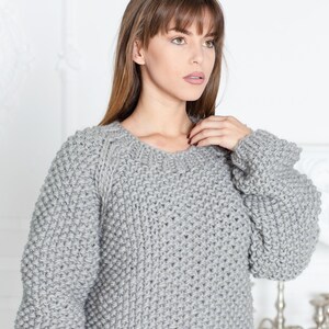 ウールセーター グレー ライスステッチ クルーネック ハンドニット 100% ウール プルオーバー T600