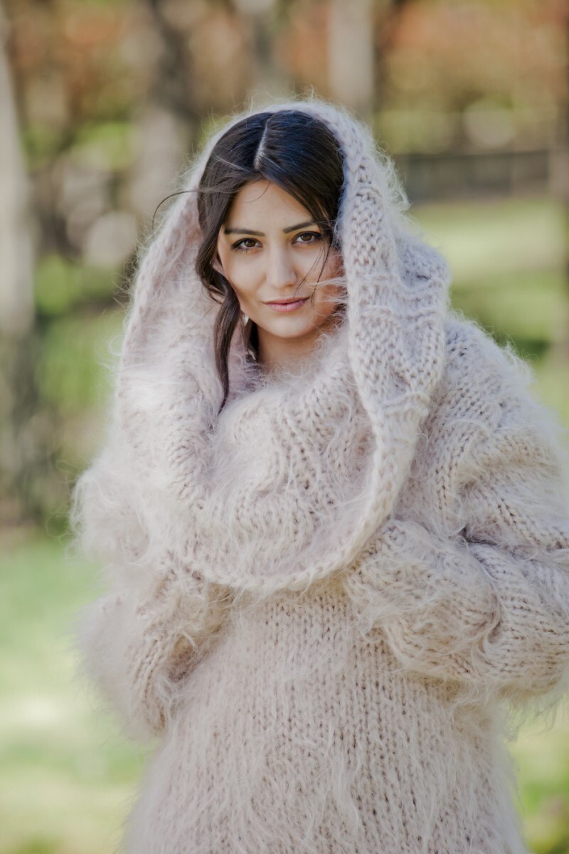 Beige Mohair Dress Cowl Neck Sweater Hand Knit Dress Fluffy - Etsy