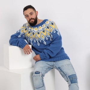 Men Woolen Icelandic Sweater, Lopi wool Sweater, Icelandic style jumper , Hand knitted blue pullover  T1631