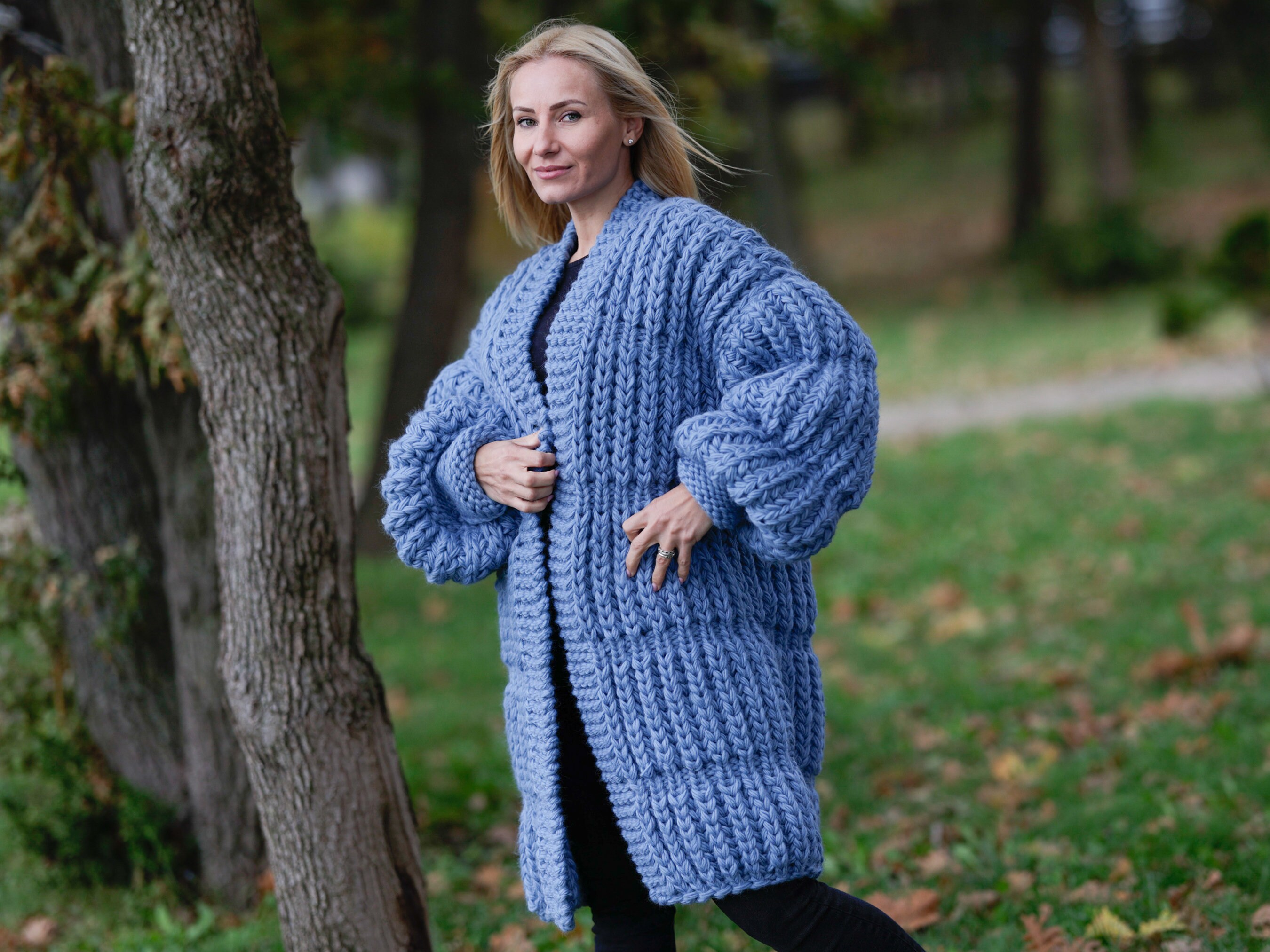 Ready to Ship in Size 5XL , 100% Wool Cardigan in Denim Blue T1143