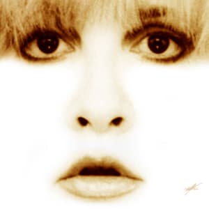 May include: A sepia-toned portrait of a person's face, with a focus on the eyes, nose, and mouth. The person's hair is partially visible at the top of the image.