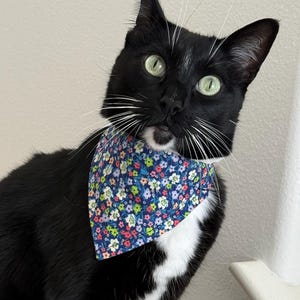 Blue Floral Cat Bandana, Ditsy Multi-Colored Flowers Dog Bandana, Spring/Summer Cottagecore, Cute Pet Scarf, Slide-on/Over-the-Collar