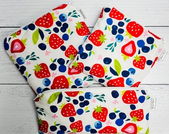 Set of 3 Strawberry Reusable Snack Bags - Reusable sandwich Bags | Reusable Snack Pouch | Zippered Snack Bag | Fruit bags | Washable bags