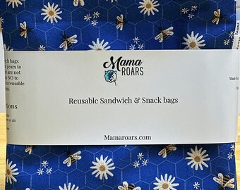 Blue Honey Bee Reusable Snack Bags | Reusable Zipper Bag | Bee Snack Bag | Reusable Sandwich Bag | Zero Waste Snack Bags