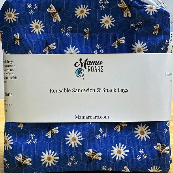 Blue Honey Bee Reusable Snack Bags | Reusable Zipper Bag | Bee Snack Bag | Reusable Sandwich Bag | Zero Waste Snack Bags