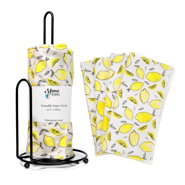 Reusable paper towels | Non paper towels: Lemon print, set of 4 or 8, 2 ply Reusable 100% cotton wipes, zero waste kitchen wipes