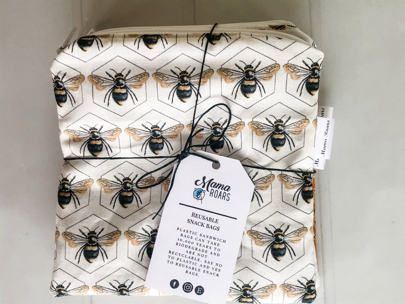 Honey Bee Reusable Snack Bags Reusable Zipper Bag Bee Snack Bag Reusable Sandwich Bag Zero Waste Snack Bags image 2