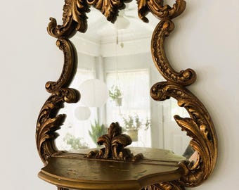 Durwood Vintage Gold - Rococo Style - Hollywood Regency Entryway Mirror. Gilt Composite. 60s-70s. Italian Baroque.