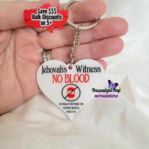 JW Jehovah's Witness No BlOOD Transfusion DPA Heart Tag, No Blood Acrylic Keychain, Abstain From Blood, JW Gift, In Case of Emergency