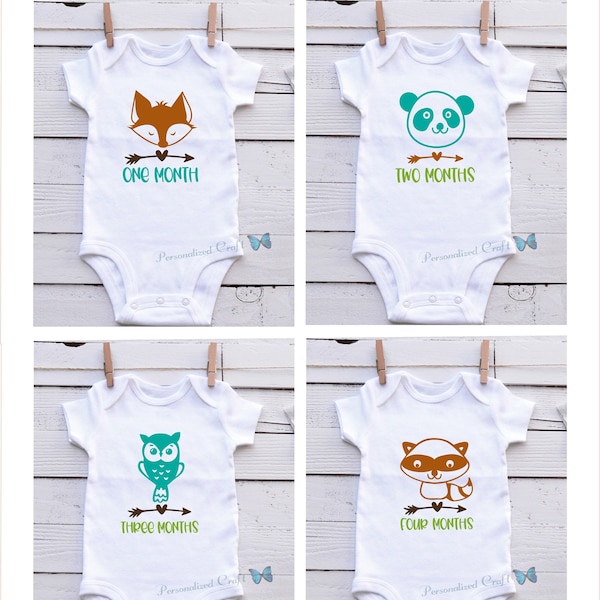 WOODLAND Monthly Outfit Cute Baby ANIMALS Milestone Onesie, 12 Monthly Bodysuits, Monthly Outfit, Baby's First Year Photo Prop Outfit