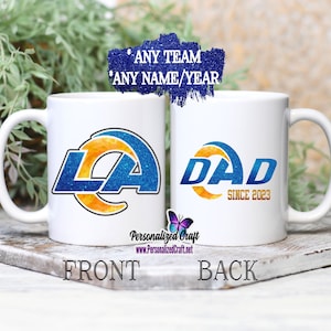Taza de fútbol de los Rams personalizada con nombre, taza de café blanca de regalo de fútbol de Los Ángeles, regalo para papá nuevo, año en que se convirtió en papá, artículo de revelación de bebé deportivo