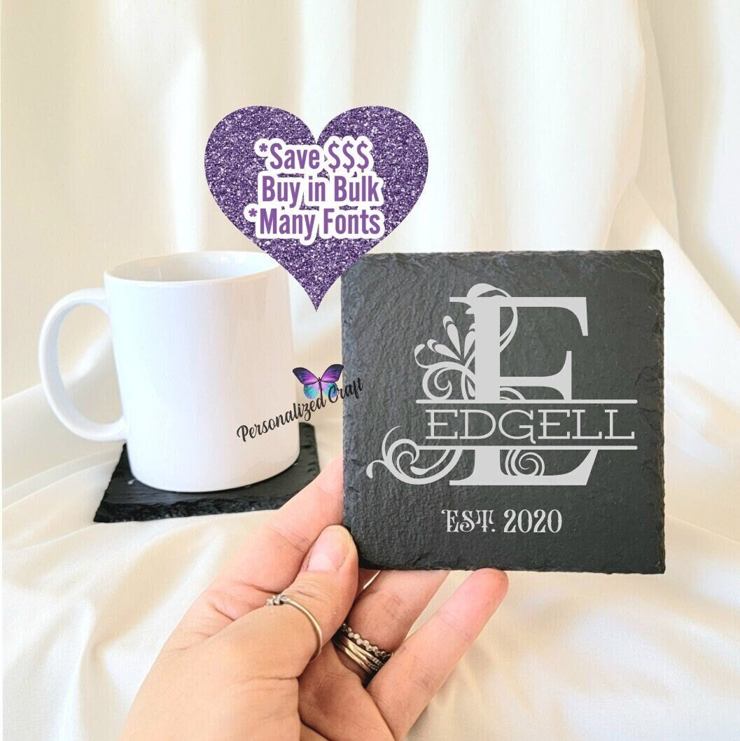 Personalized Initial Slate Coasters, Wedding Gifts, Custom Stone Coasters, Gift for Dad, Engraved Housewarming Drink Coaster, Table Coaster