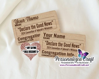 JW Jehovah's Witness 2024 Declare the Good News REGIONAL Convention Lapel Name Badge w/ Magnet Back, Simple Design, Engraved Wood Name Tag