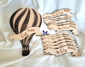 Hot Air Balloon w Ribbon Banner, Monthly Milestone Wood Marker, Gender Neutral, Laser Engraved Cut, First Year Picture Props Fast Turnaround