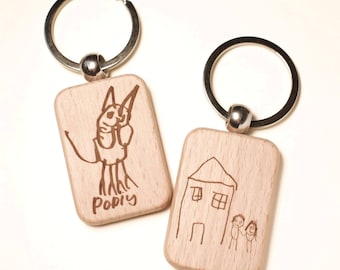 Childrens Drawing Keyring – Custom Keepsake from Your Childs Artwork or Handwriting | Personalised Kids Wooden