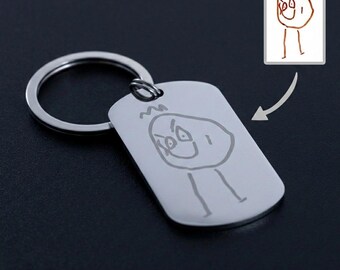 Personalised Unique Kids Drawing Art Gift - Custom Mirror Stainless Steel Keyring - Polished Shiney Metal Children’s Drawing Keepsake Gift